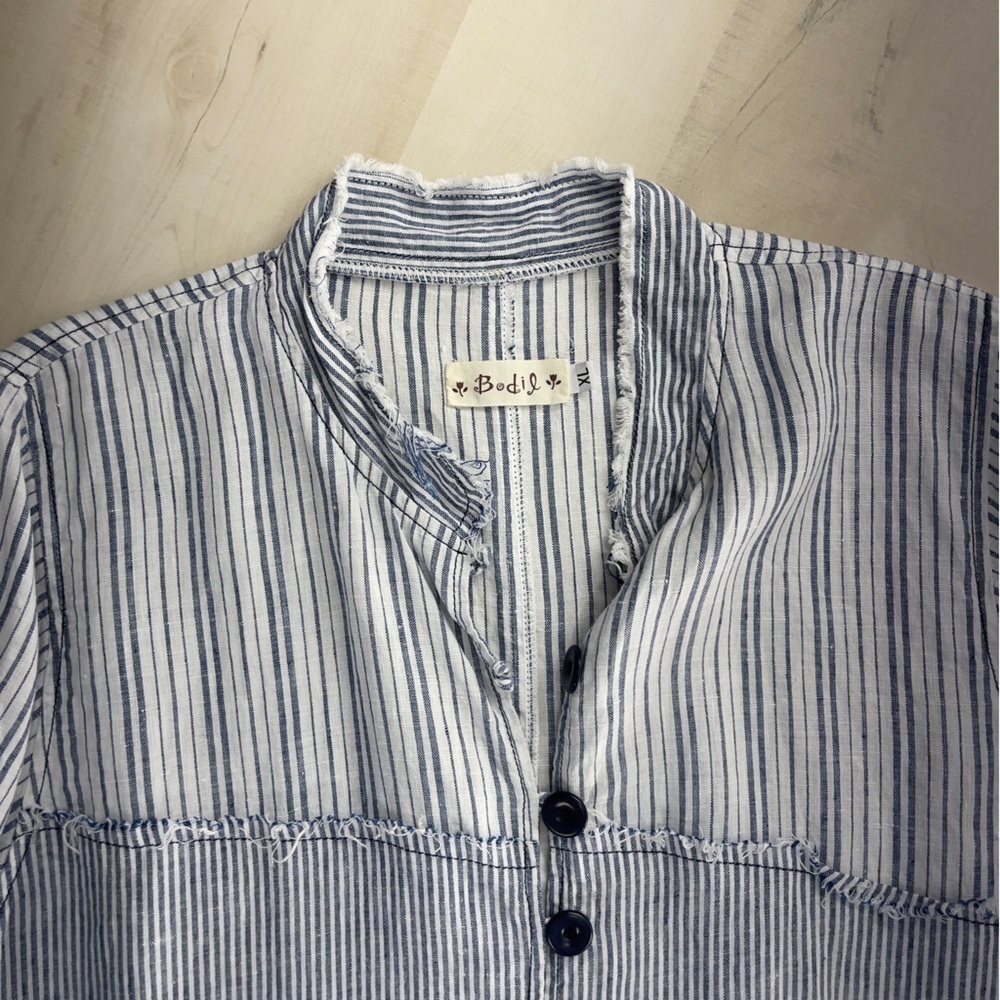 BODIL striped patchwork pocket tunic top blouse lagenlook linen blue XL art work - Picture 9 of 9